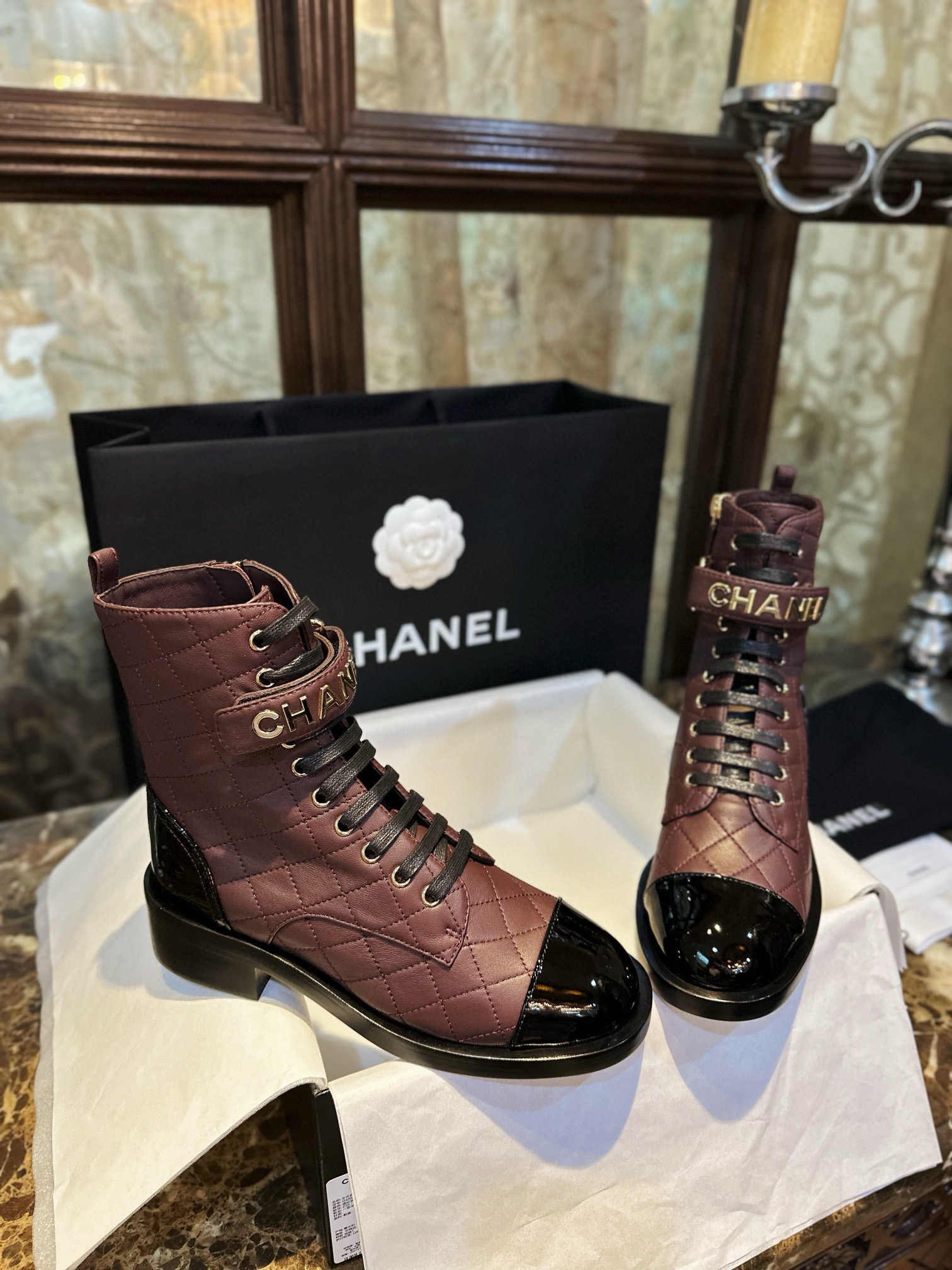 샤넬 CHANEL 23A 앵클 부츠 Wine red