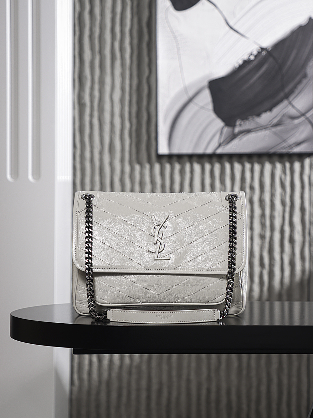 생로랑 Saint laurent/YSL 633158 Niki Medium Chain Bag In Crinkled Vintage Leather White 28cm