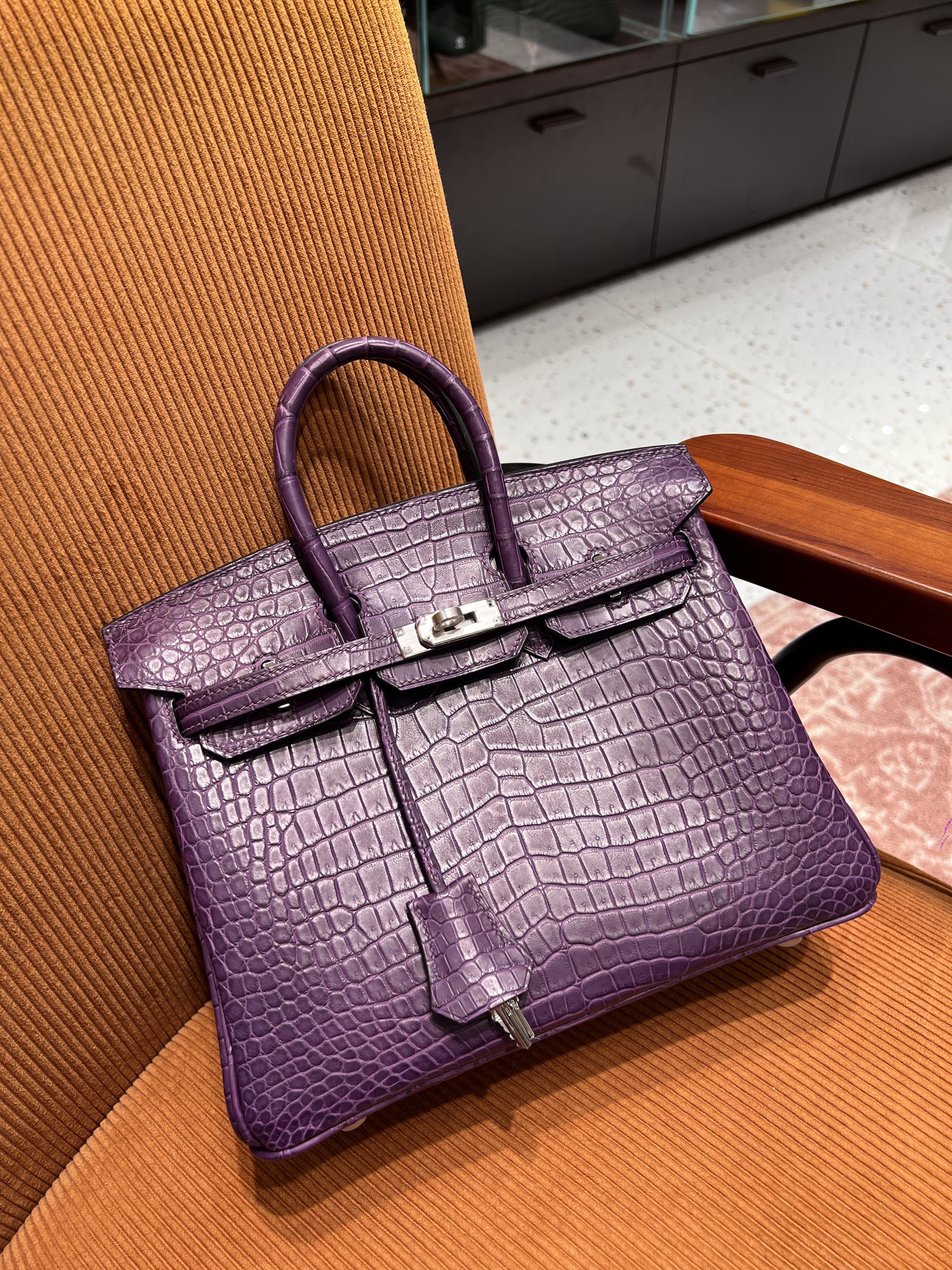 에르메스 Hermes Birkin 25cm France Hcp Moreletii crocodile Amethyst/silver