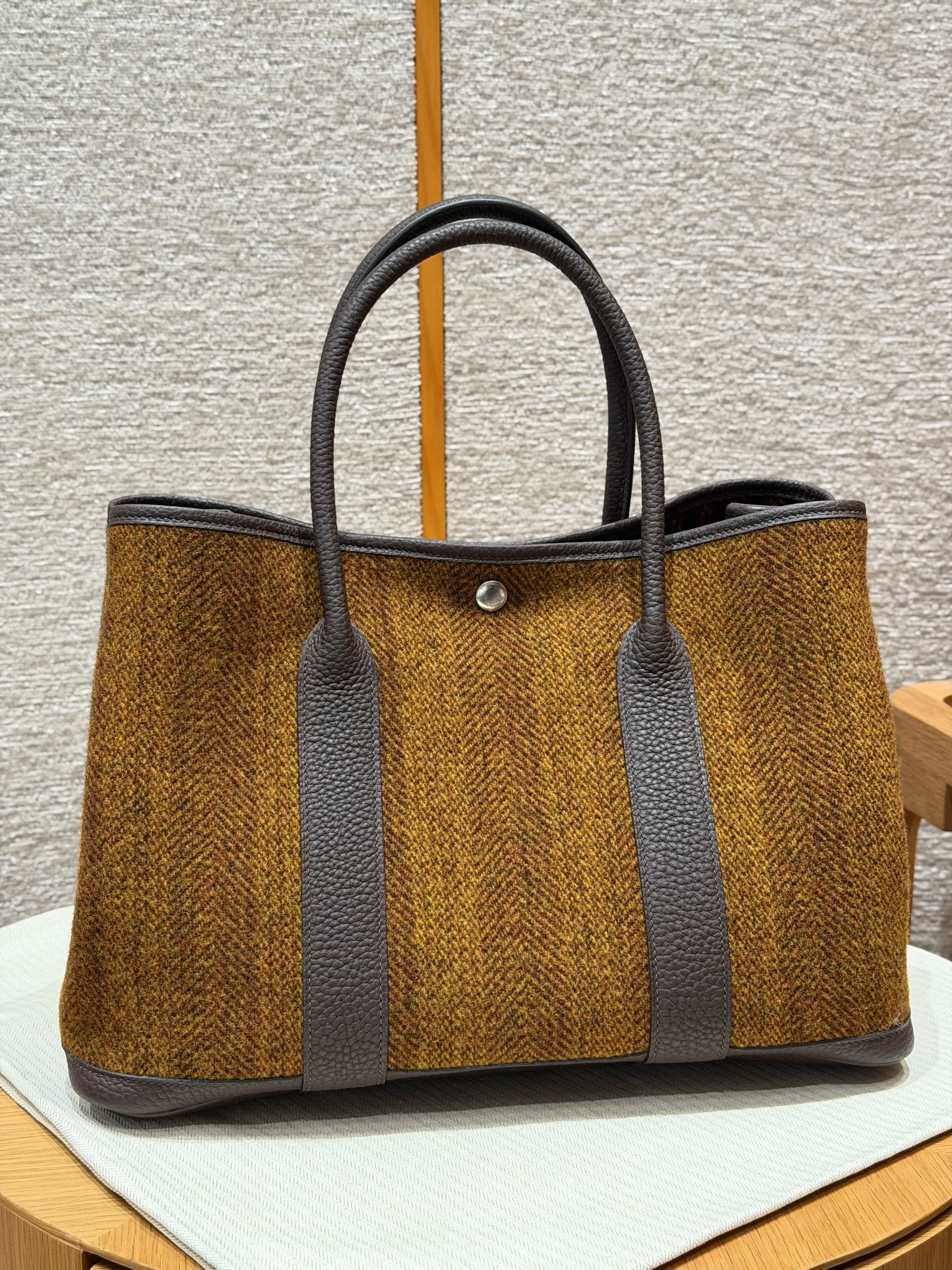 에르메스 Hermes Garden party 36cm Woolen tweed and Negonda 28 Caramel and Ebene