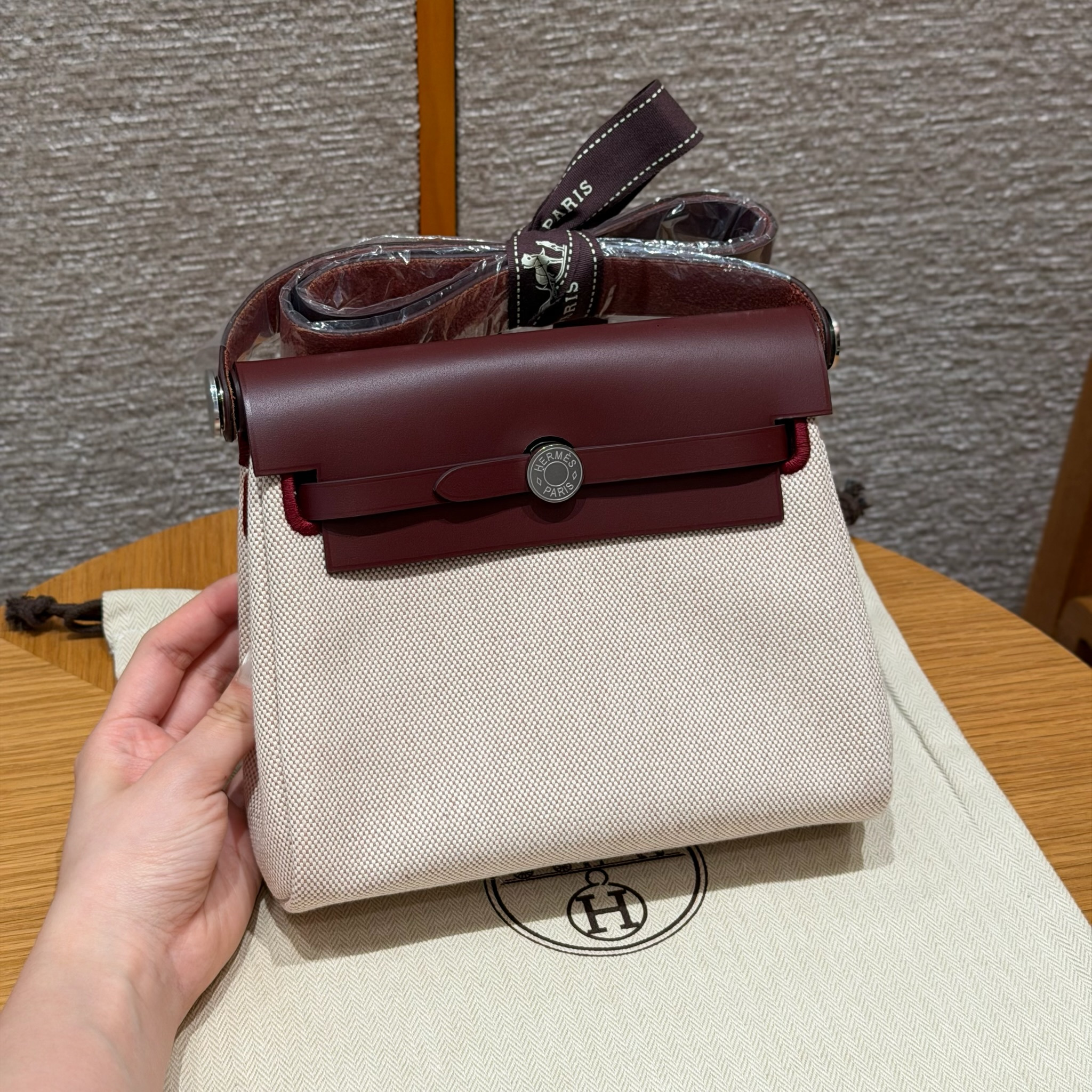 에르메스 Hermes Herbag mini 20cm canvas and cowhide ecru beige Rouge H/silver