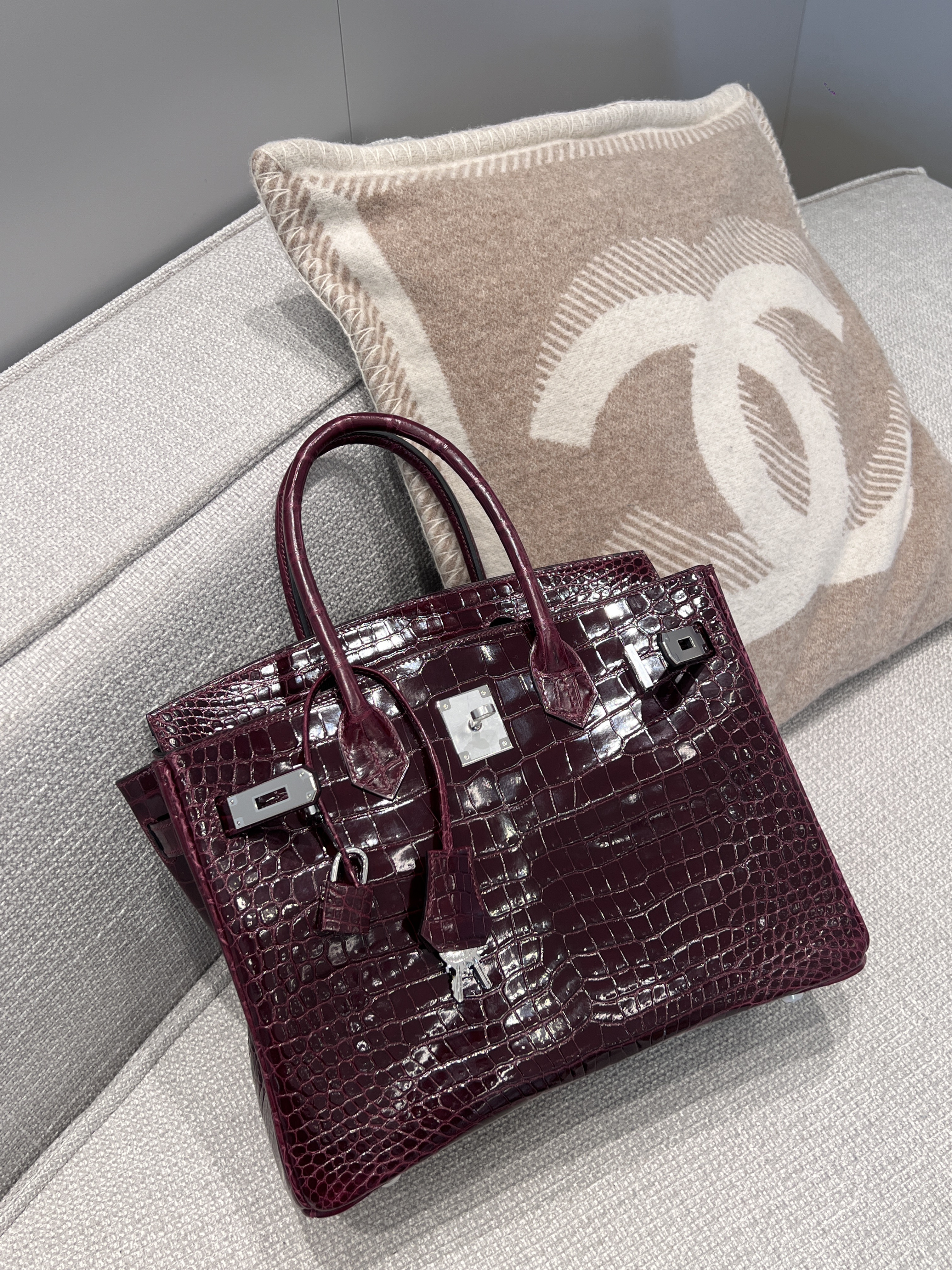 에르메스 Hermes Birkin 30cm France Hcp Porosus crocodile F5 Bourgogne/silver