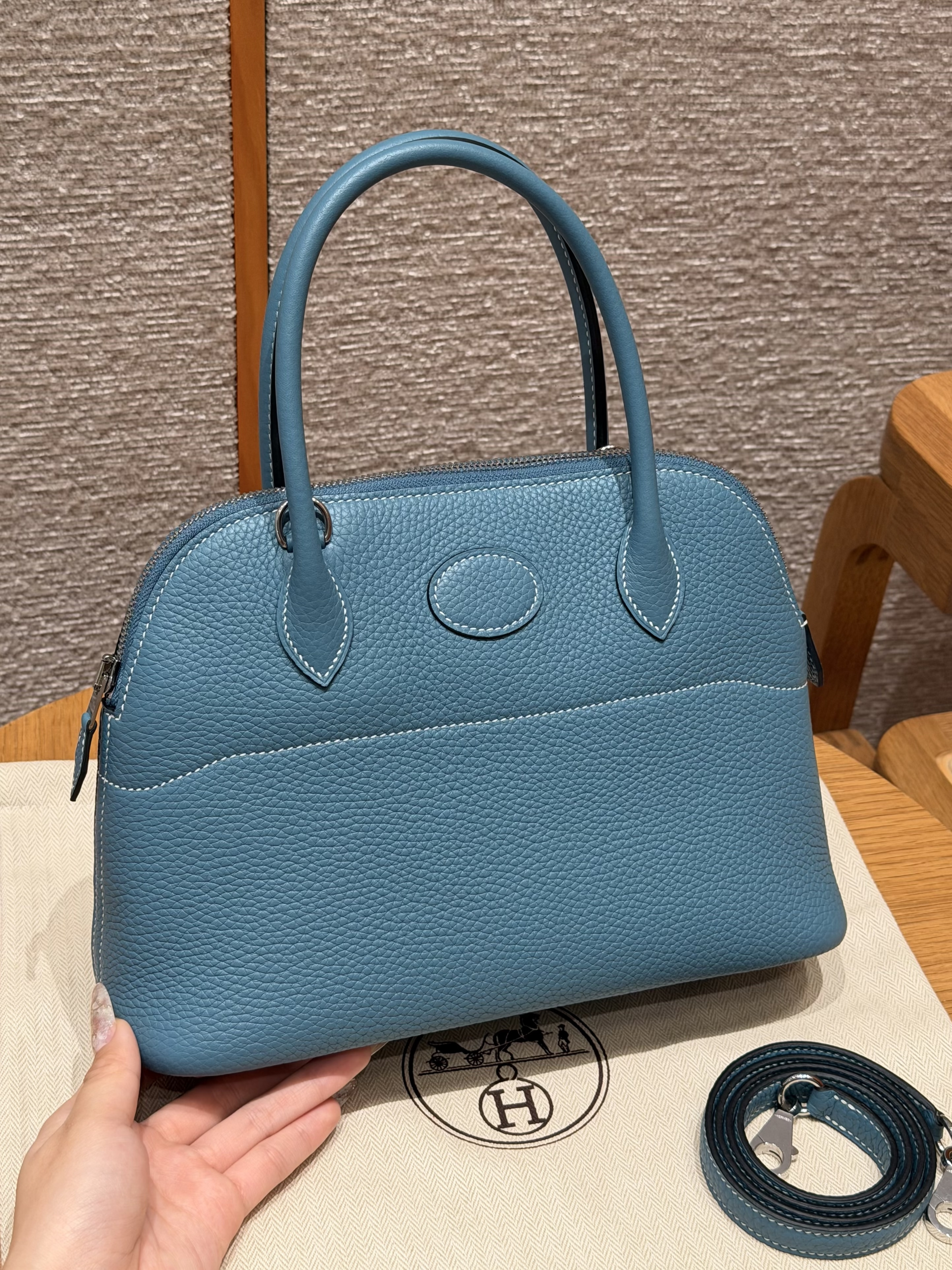 에르메스 Hermes Bolide 27cm Clemence 75 Blue Jean/silver
