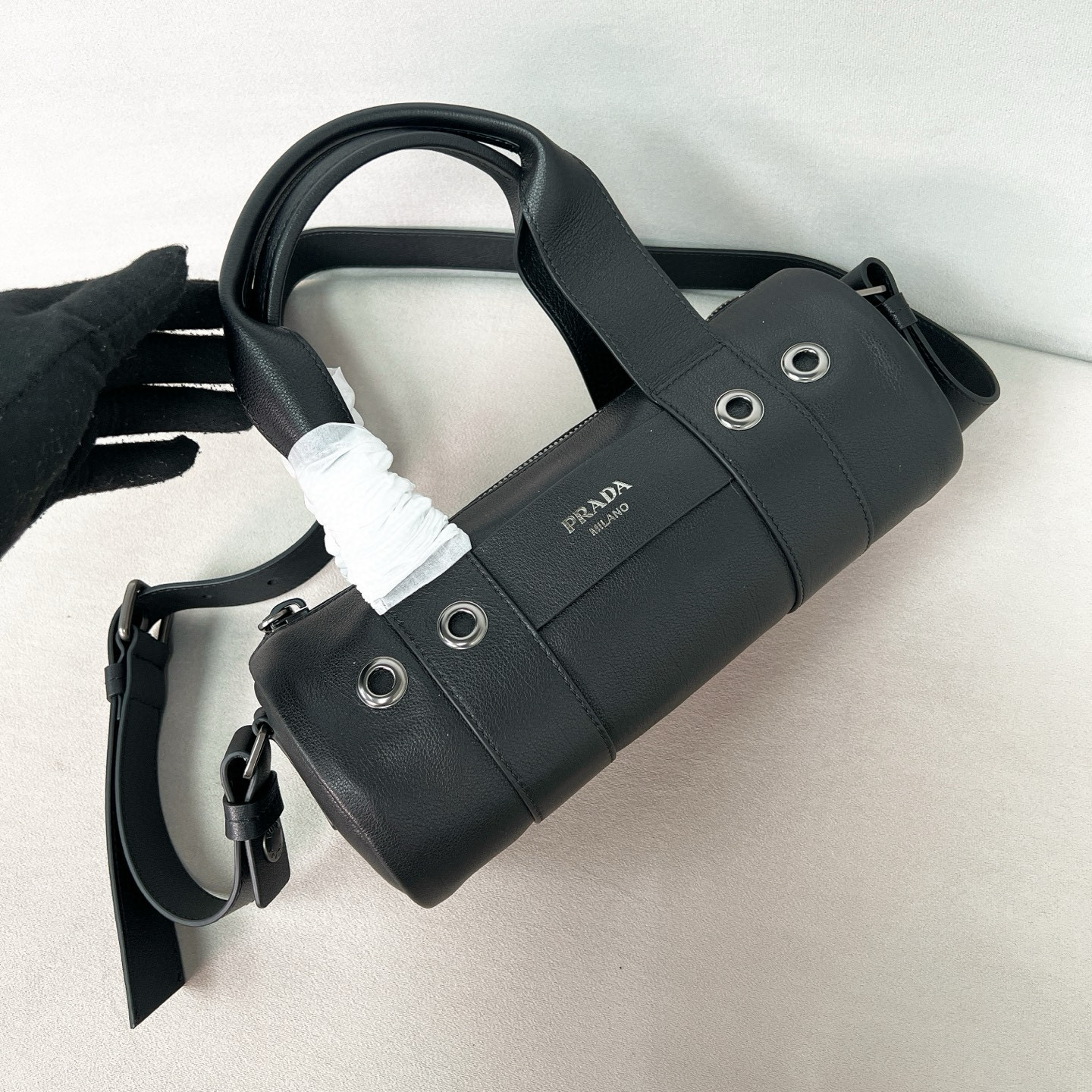 프라다 Prada 1BB161 Route 라지 가죽 탑 핸들 백 Black 29cm