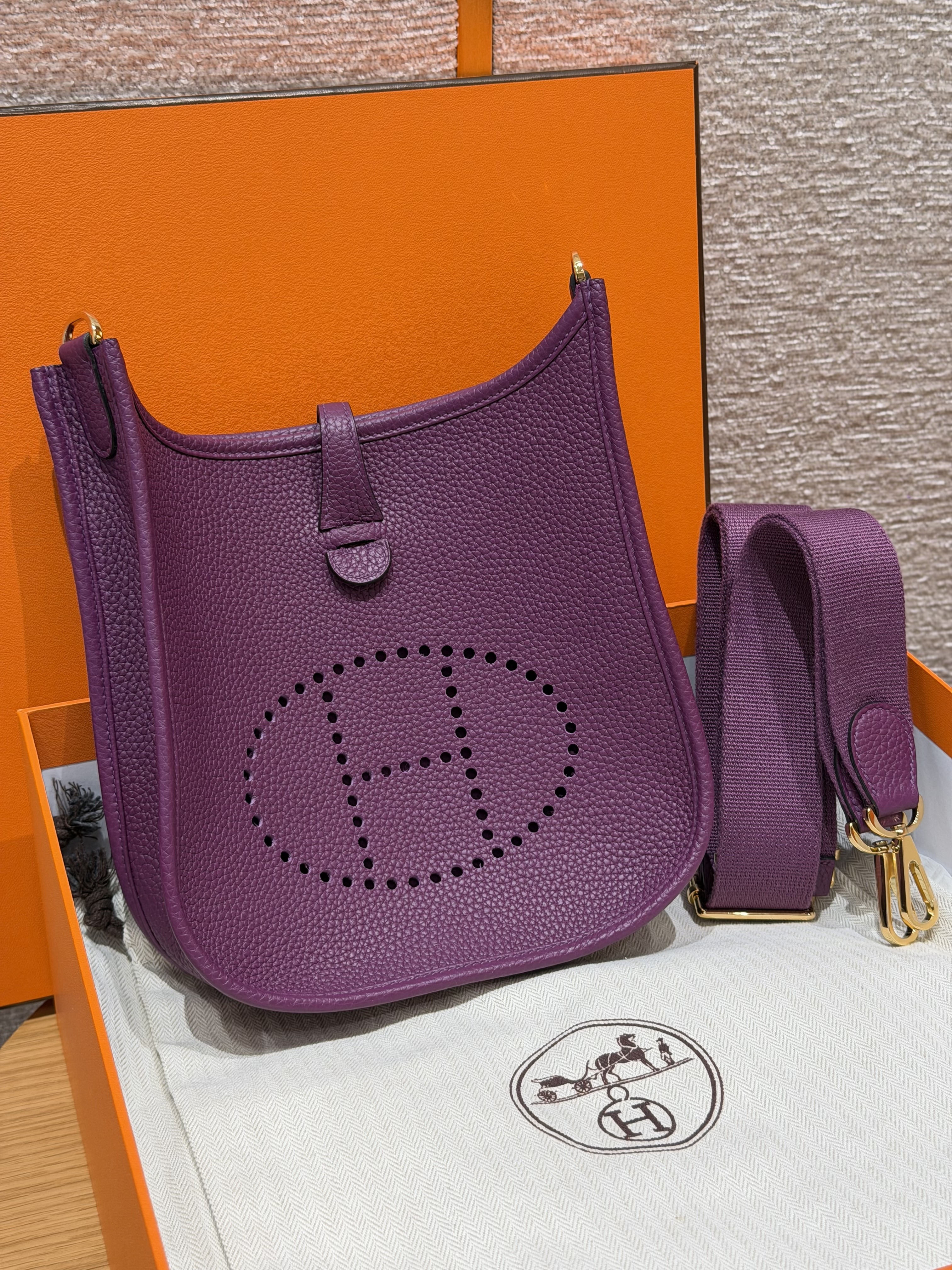 에르메스 Hermes Evelyne 23cm Clemence P9 Anemone/gold