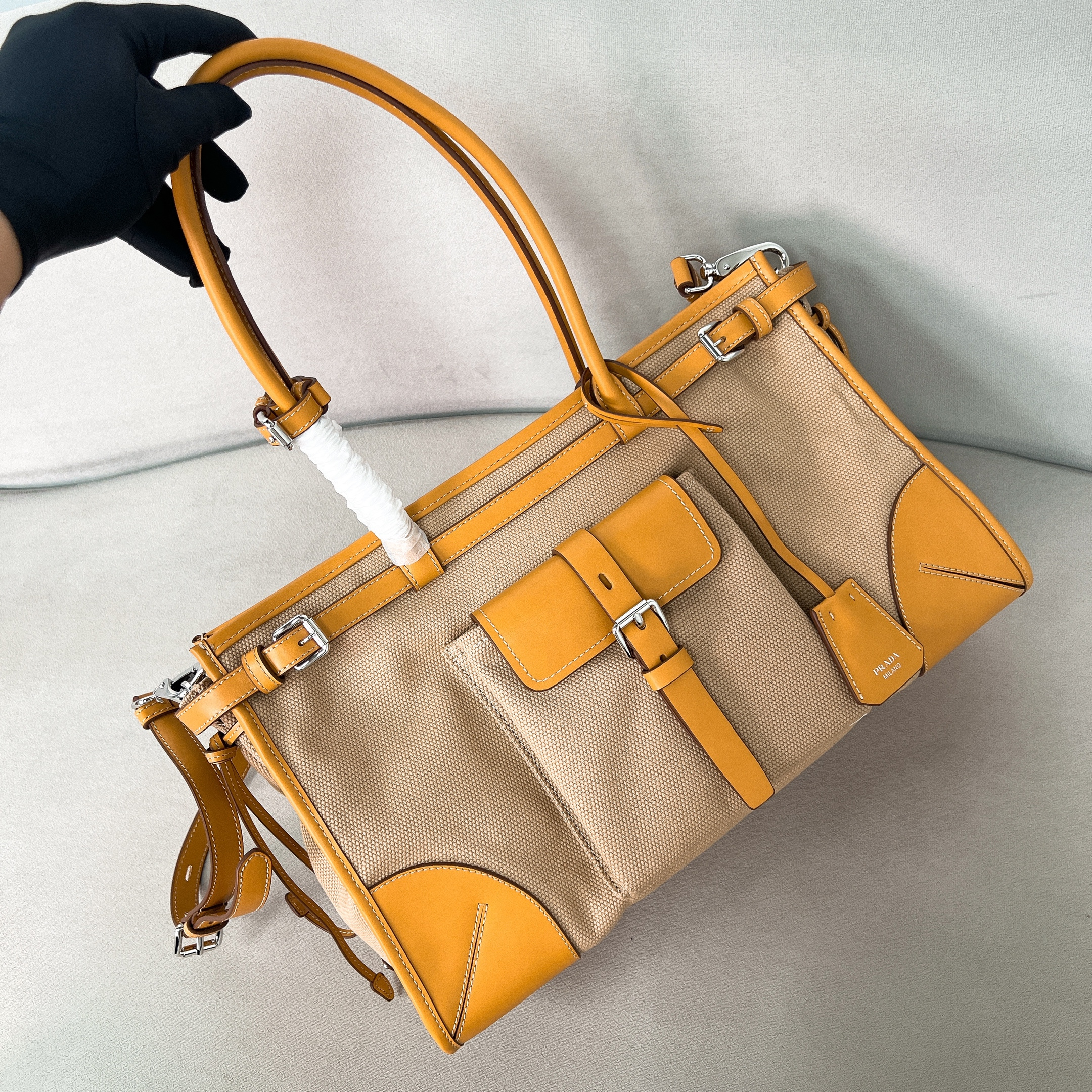 프라다 Prada 1BA433 Bonnie 라지 데님과 가죽 핸드백 Rope Natural 38cm